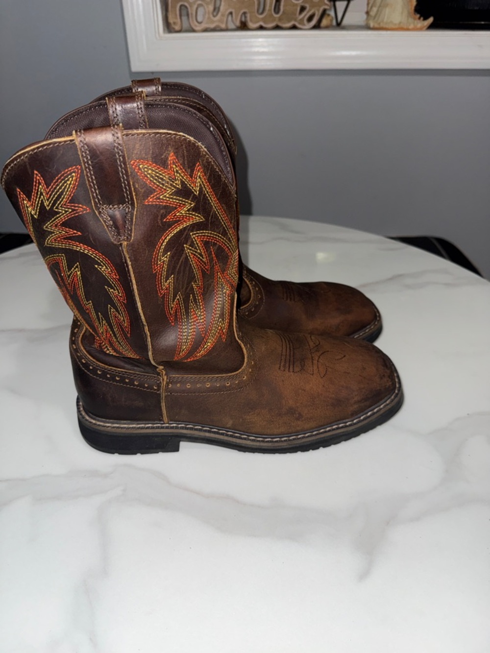 Brown Men's Pull-On Work Boots with Orange Stitching